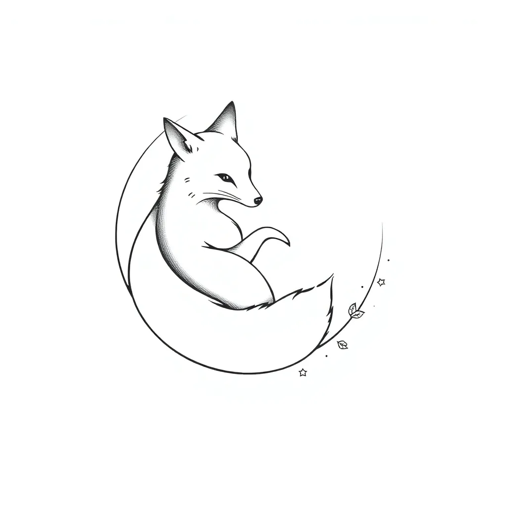 A fine-line fox curled around a crescent moon, its tail dissolving into scattered autumn leaves and tiny stars.