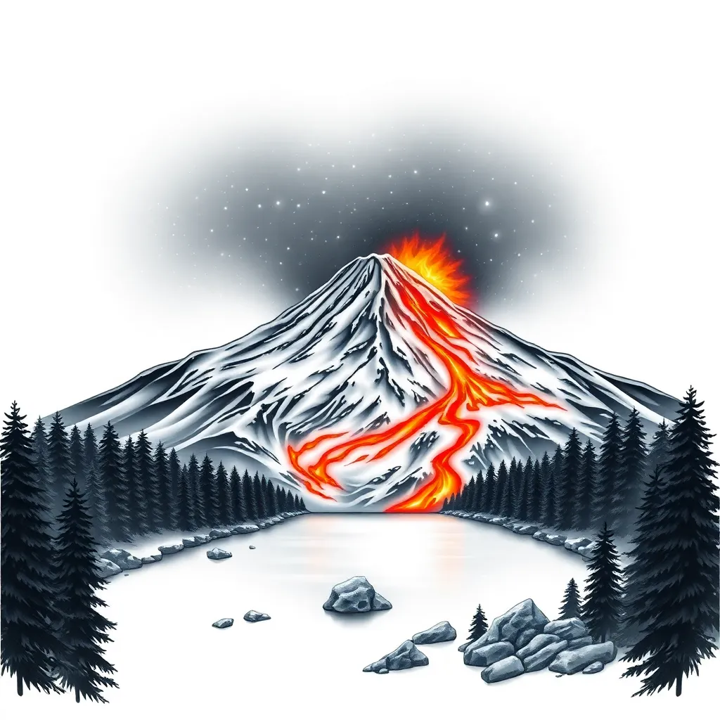Realistic scene of a snow-capped volcano erupting under a starry night sky, molten lava flowing into a pristine forest lake with glowing reflections