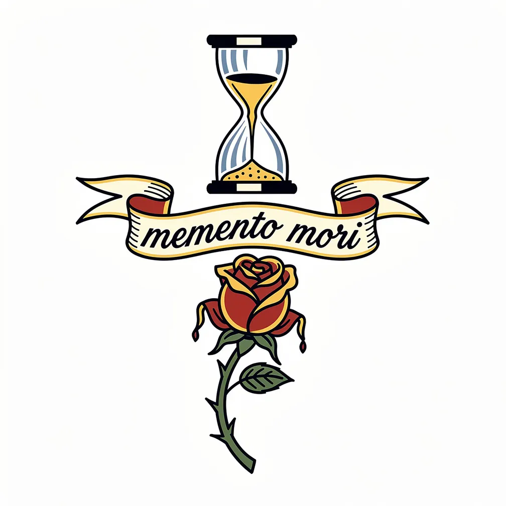A traditional tattoo of an hourglass framed by wilting roses, with a ribbon banner reading "memento mori" in elegant italic script.