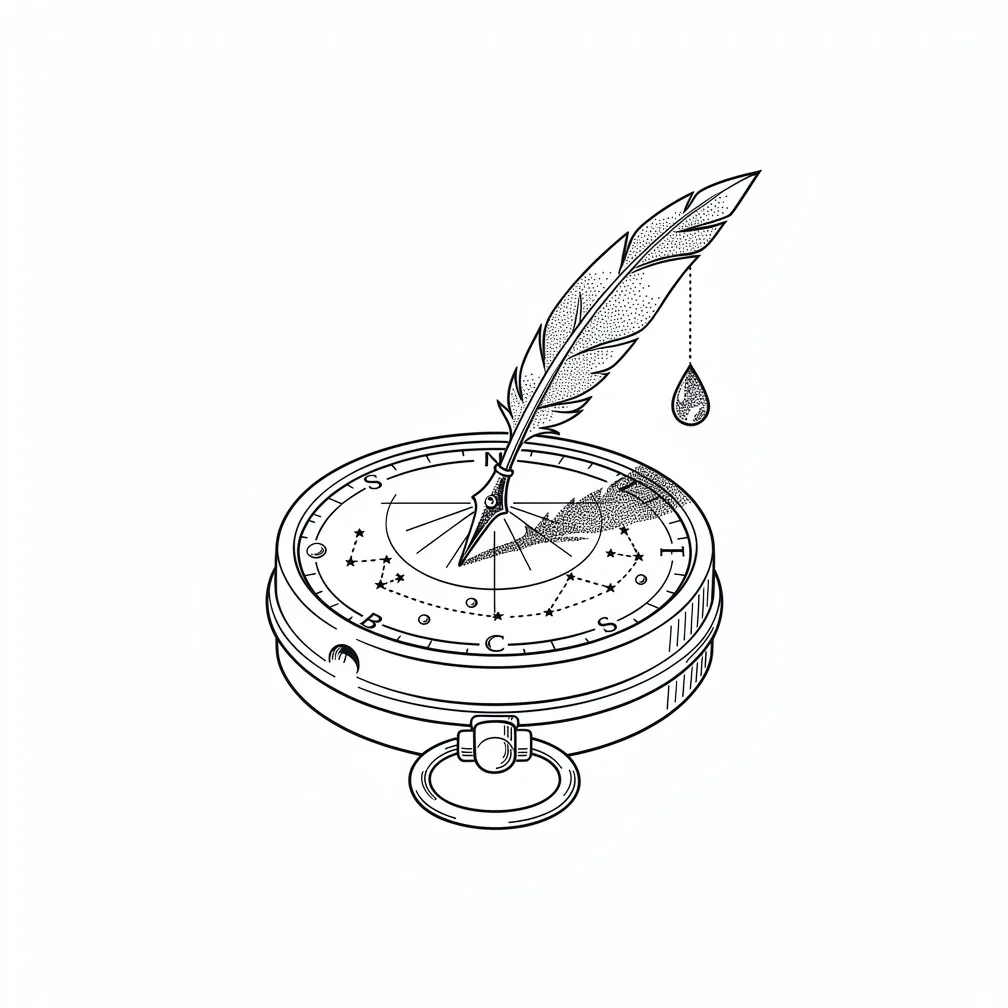 A fine-line dented pocket sundial with a feather-quill gnomon, a single iridescent ink drop, and stitched constellations and moons cast as shadow on the dial.