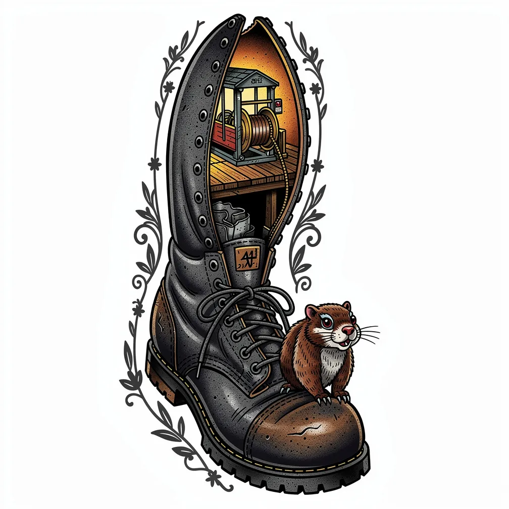 A neo-traditional weathered hiking boot split open to reveal a lamp-lit miniature alpine tram station, with a marmot conductor perched on the toe.