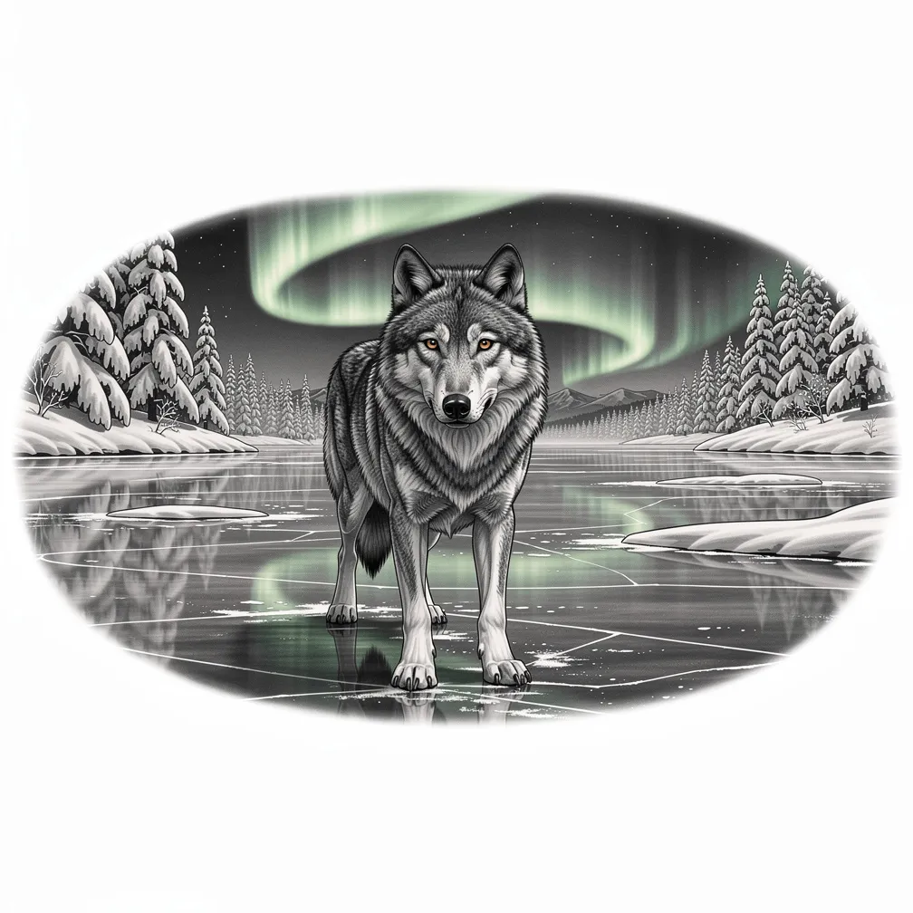 A realism tattoo of aurora borealis over a frozen lake with a lone wolf on the ice and snow-laden evergreens framing the scene.
