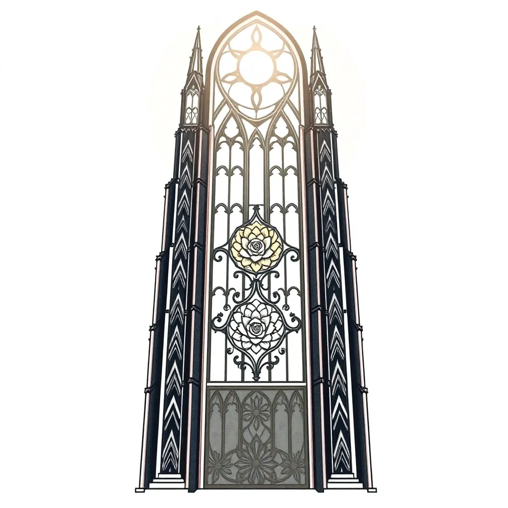 Un rosetón ornamental de catedral en vidriera, con la luz de la luna atravesándolo y proyectando sombras y rayos de colores