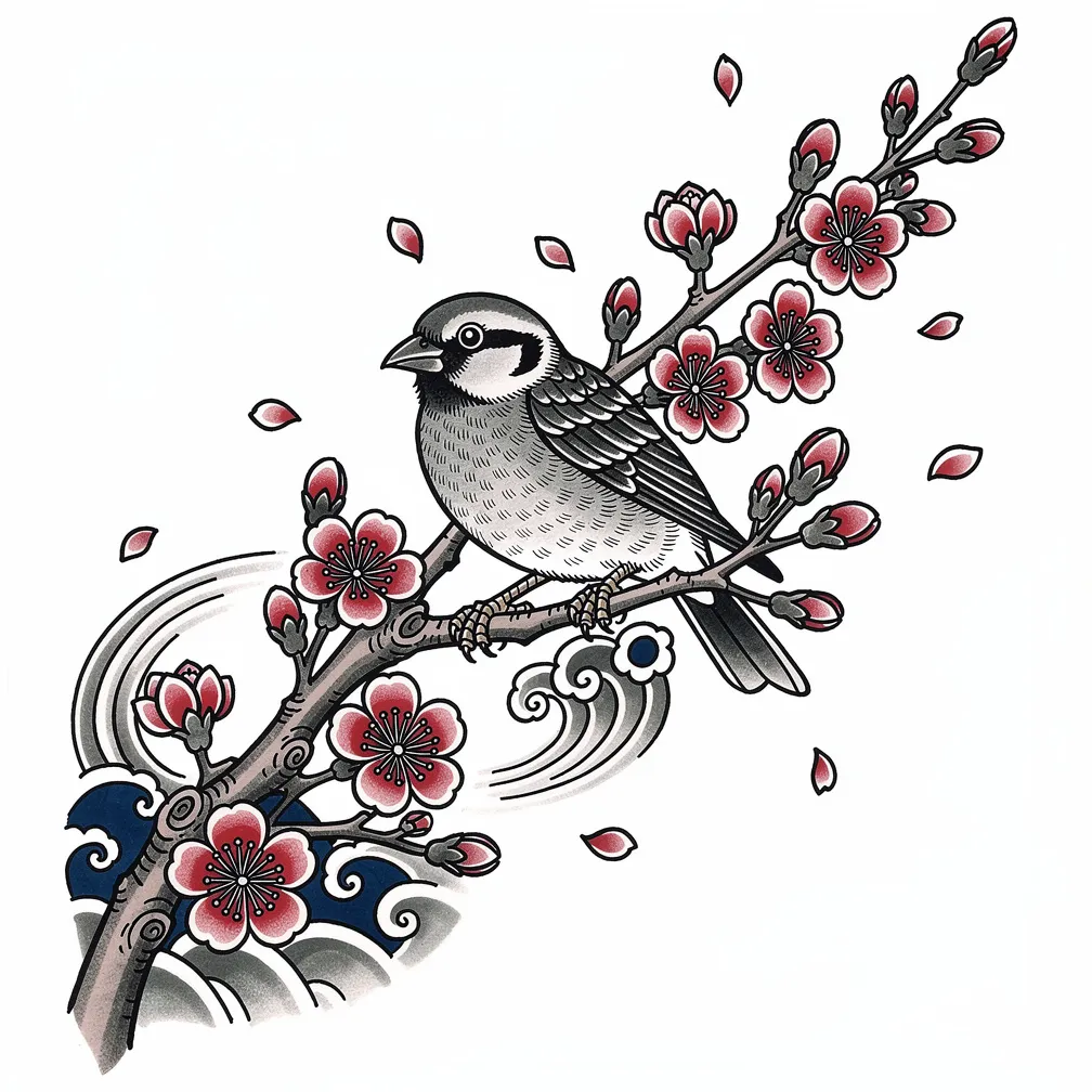 A Japanese-style cherry blossom branch with windblown petals and a small sparrow perched among the flowers.