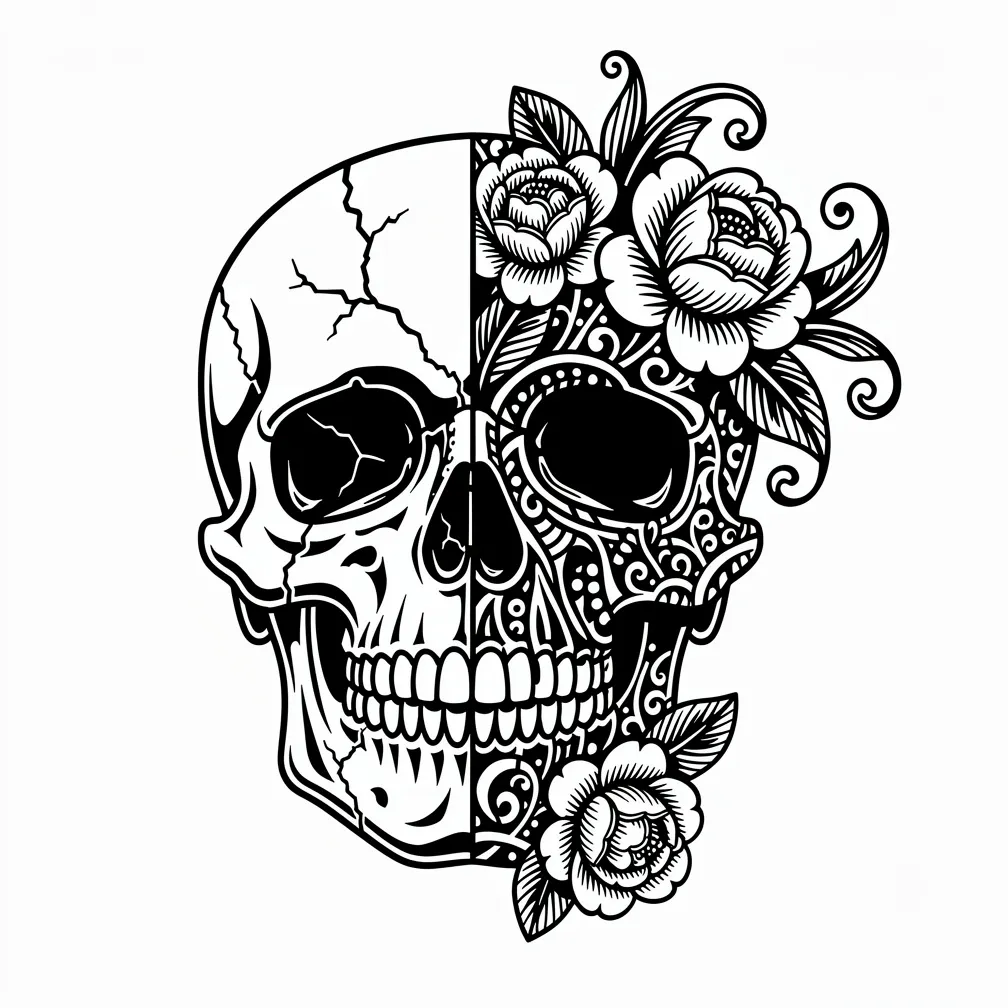 A blackwork design of a half realistic skull merging into a blooming garden of roses and peonies, symbolizing life and death.