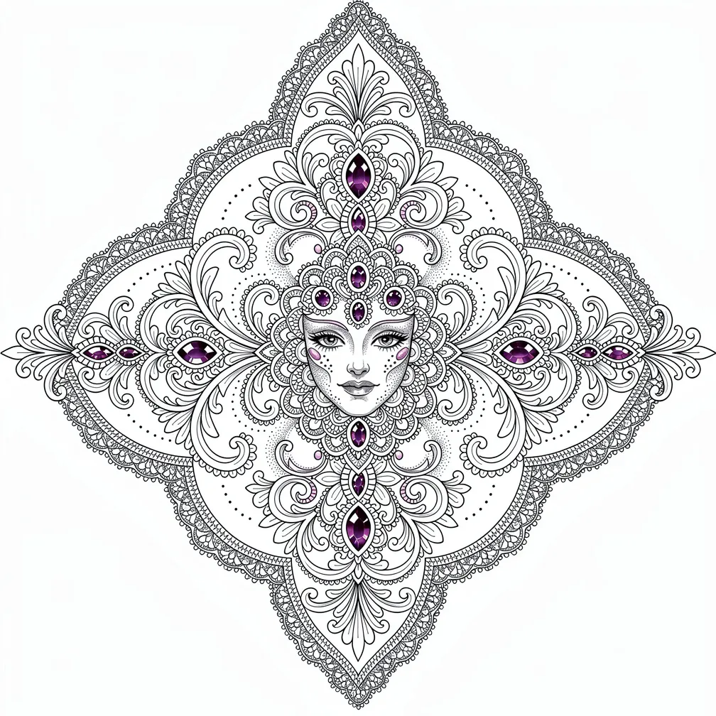 Una pieza de pecho ornamental perfectamente simétrica, con filigrana floral, bordes tipo encaje y acentos de joya en estilo ornamental