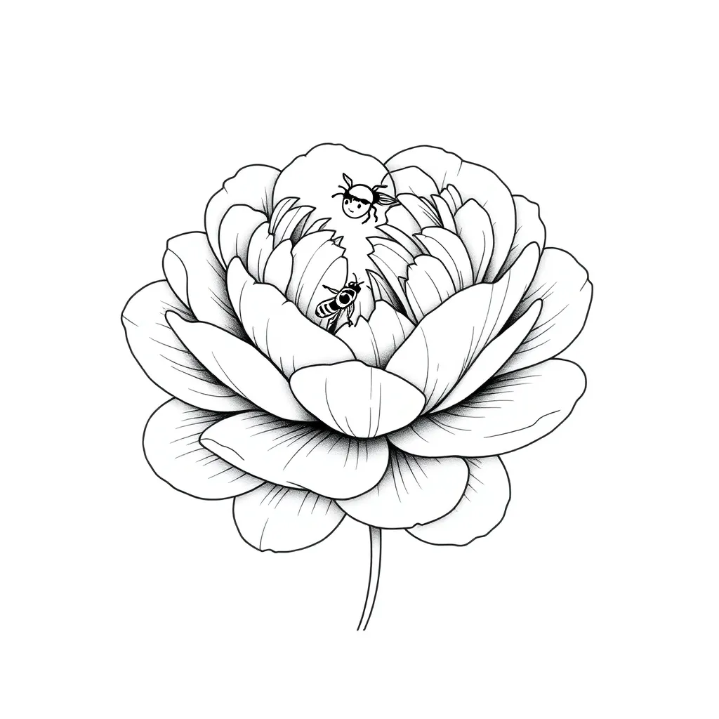 A fine-line single peony in full bloom with layered delicate petals and a small bee resting on one petal