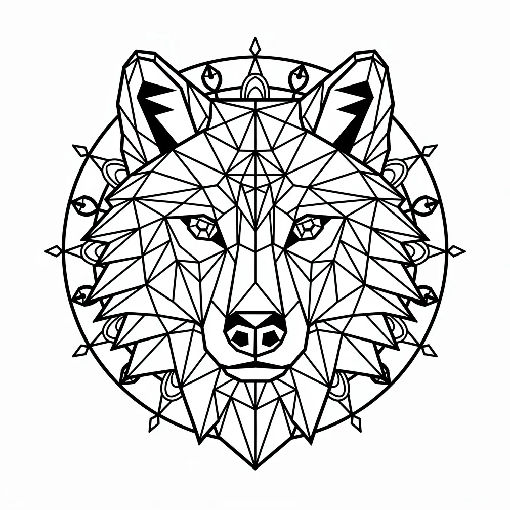 A geometric wolf built from sharp triangles and angular facets, with piercing eyes emphasized in clean linework.
