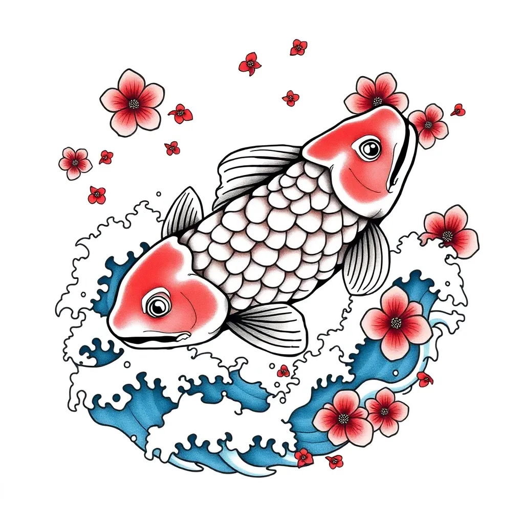A traditional Japanese koi swimming upstream through crashing stylized waves with drifting cherry blossom petals in full-color composition