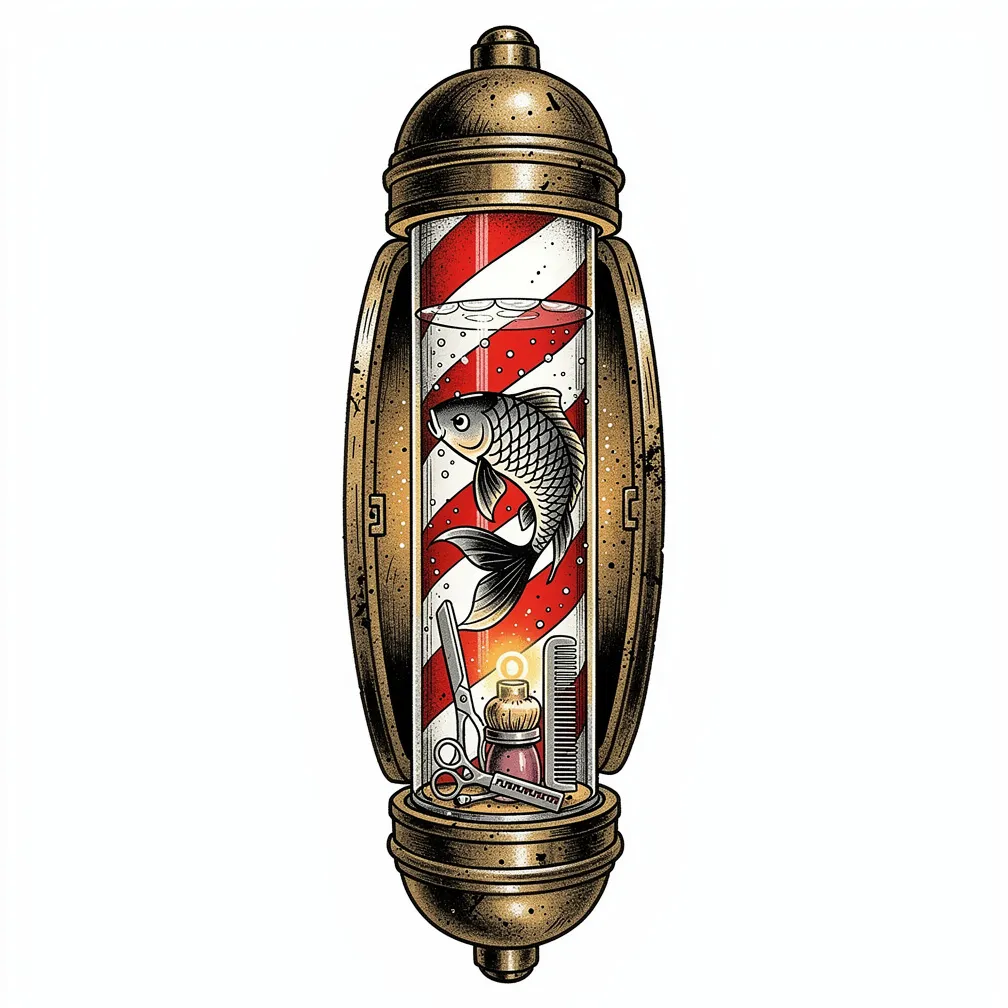 An illustrative antique barber pole split open to reveal a lamp-lit glass aquarium, with a black calligraphic koi circling tiny porcelain barber tools inside.