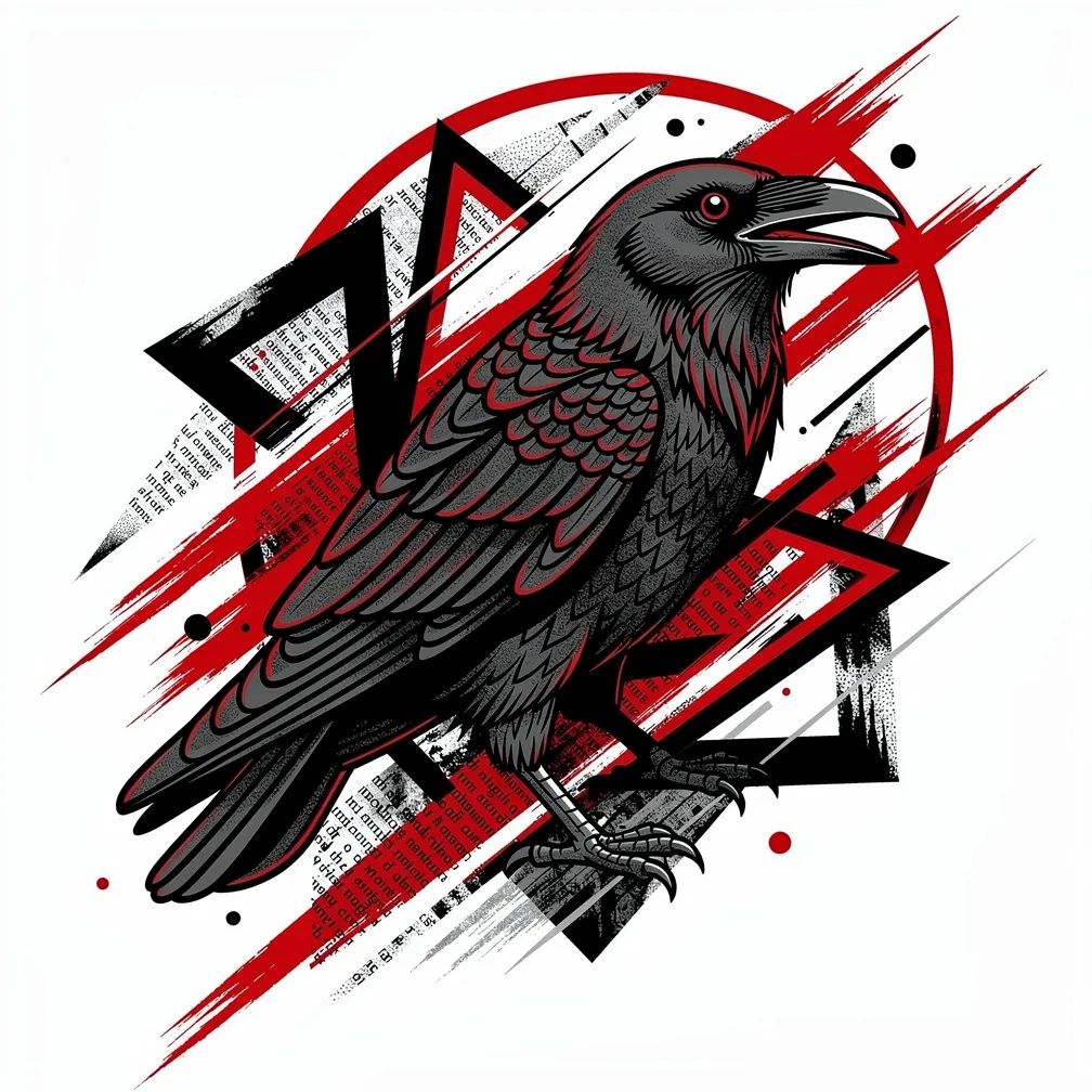 A trash-polka raven rendered realistically amid bold red brushstrokes, torn newspaper fragments, and sharp geometric black shapes.