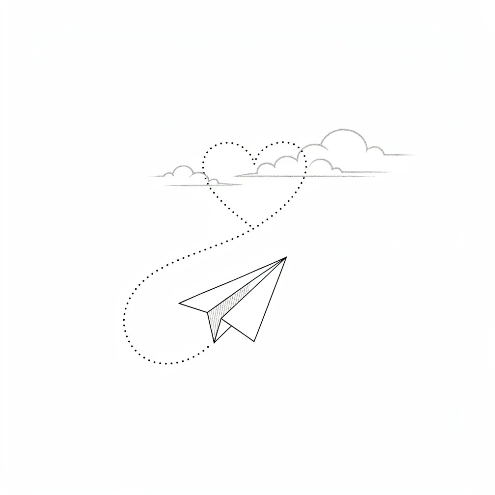 A minimalist paper airplane trailing a dotted-line path that loops into a heart before flying up into simple cloud outlines.