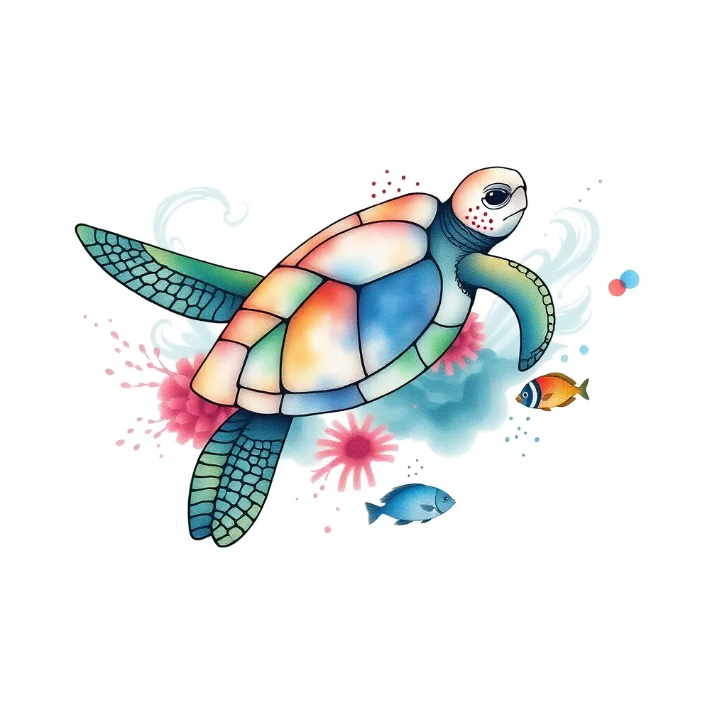 A watercolor sea turtle gliding through ocean currents with a coral reef growing on its shell and colorful tropical fish swimming alongside.