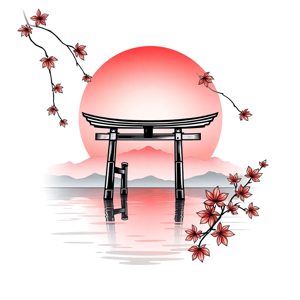 A Japanese-style torii gate stands in still water at sunset with distant mountains and falling red maple leaves, rendered in traditional motifs.