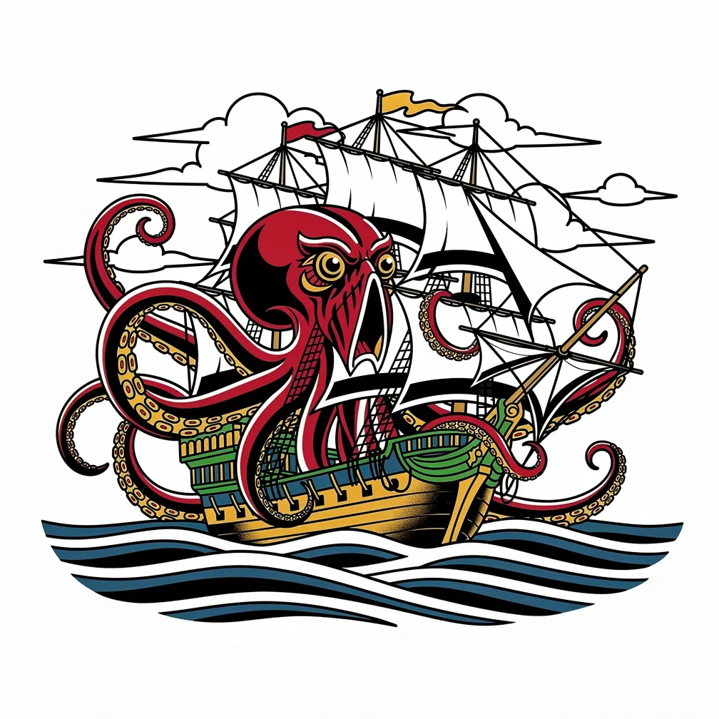A traditional tattoo of a kraken erupting from churning waves, massive tentacles crushing a three-masted sailing ship.
