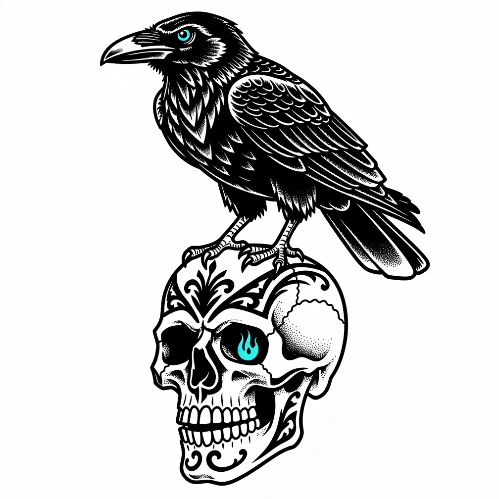 A blackwork raven perched on a human skull, with finely detailed feathers and one eye glowing as an ethereal blue flame.