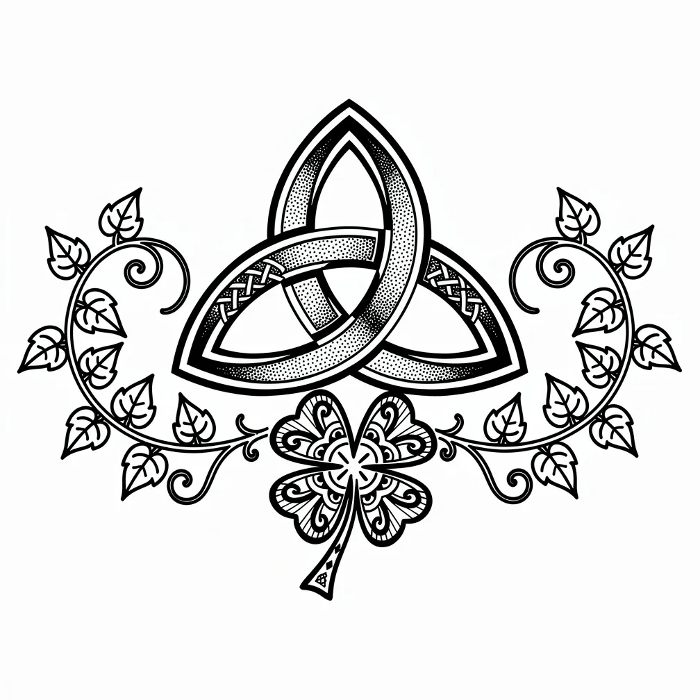 A blackwork Celtic trinity knot intricately interwoven with shamrocks and ivy vines, rendered in precise knotwork lines.