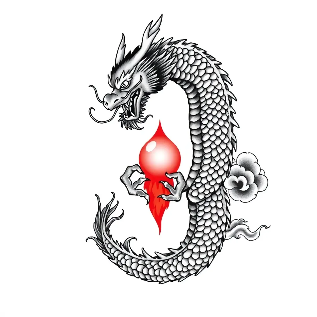 A Japanese-style Chinese dragon spirals through stylized clouds with long trailing whiskers and claws gripping a glowing flaming pearl in rich colors