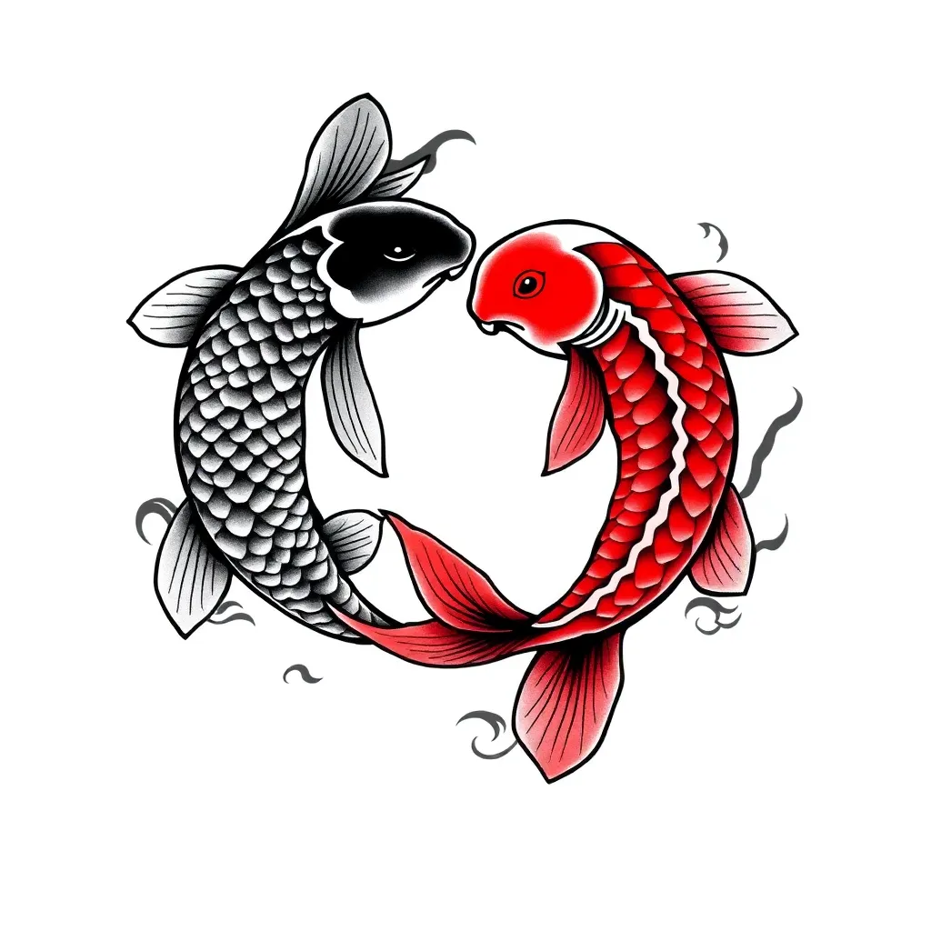 Two koi fish rendered in Japanese style, one dark and one light, circling to form a yin-yang symbol with flowing fins and wave accents.