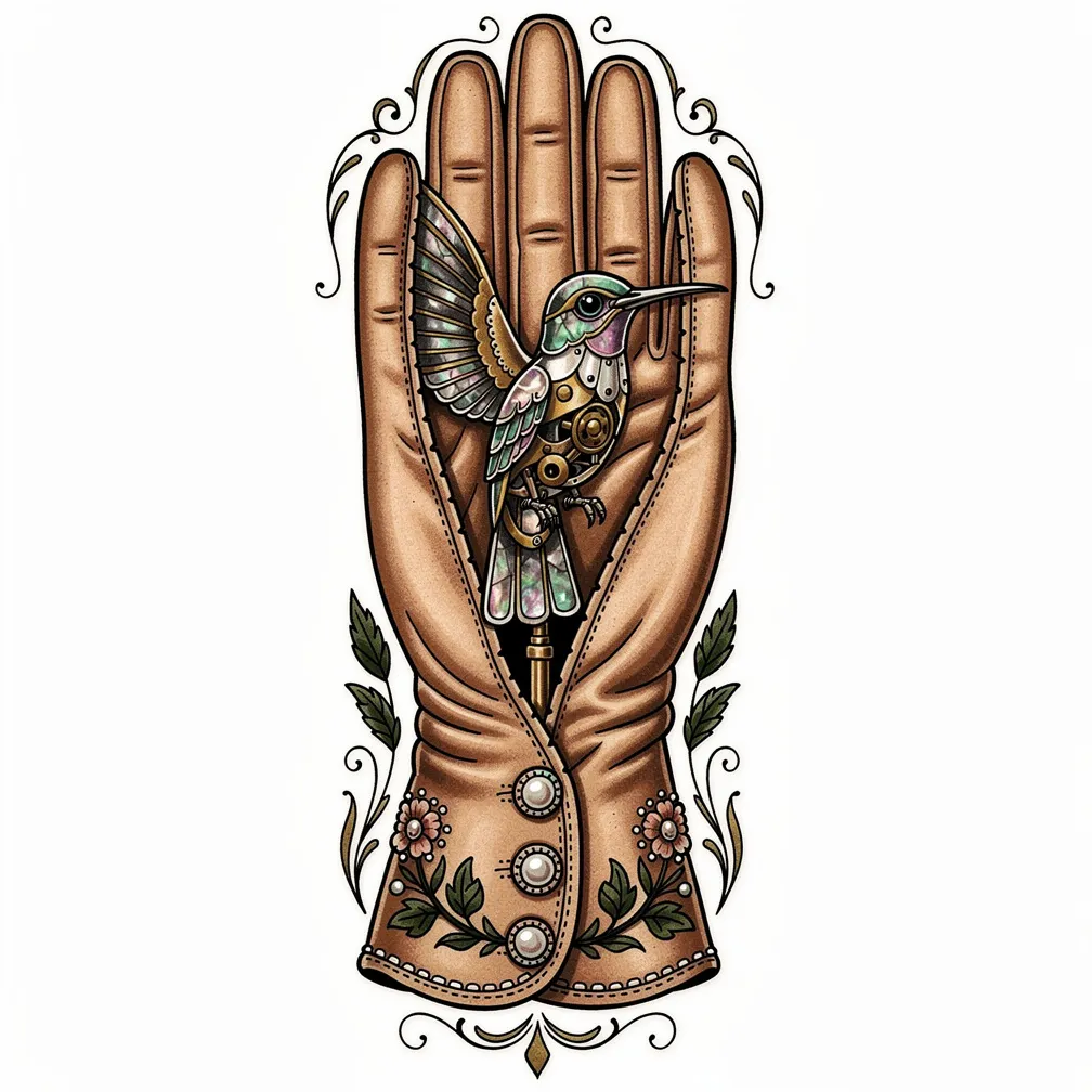 A neo-traditional worn Victorian opera glove split open like a seedpod, cradling a lamp-lit mechanical hummingbird with brass and mother-of-pearl feather plates.