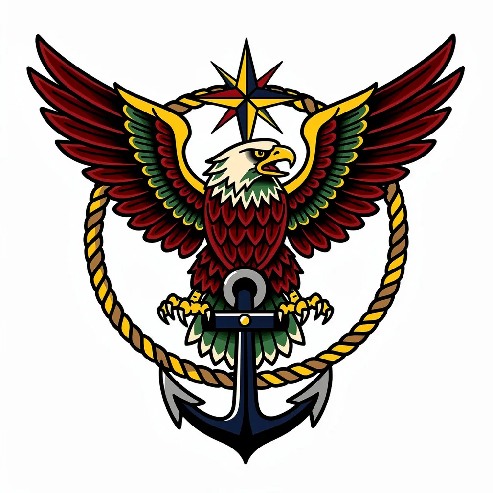 Un águila feroz de estilo tradicional, con las alas extendidas, aferrando un ancla, enmarcada por cuerda marinera y rosas de los vientos, con colores intensos y contornos negros marcados.