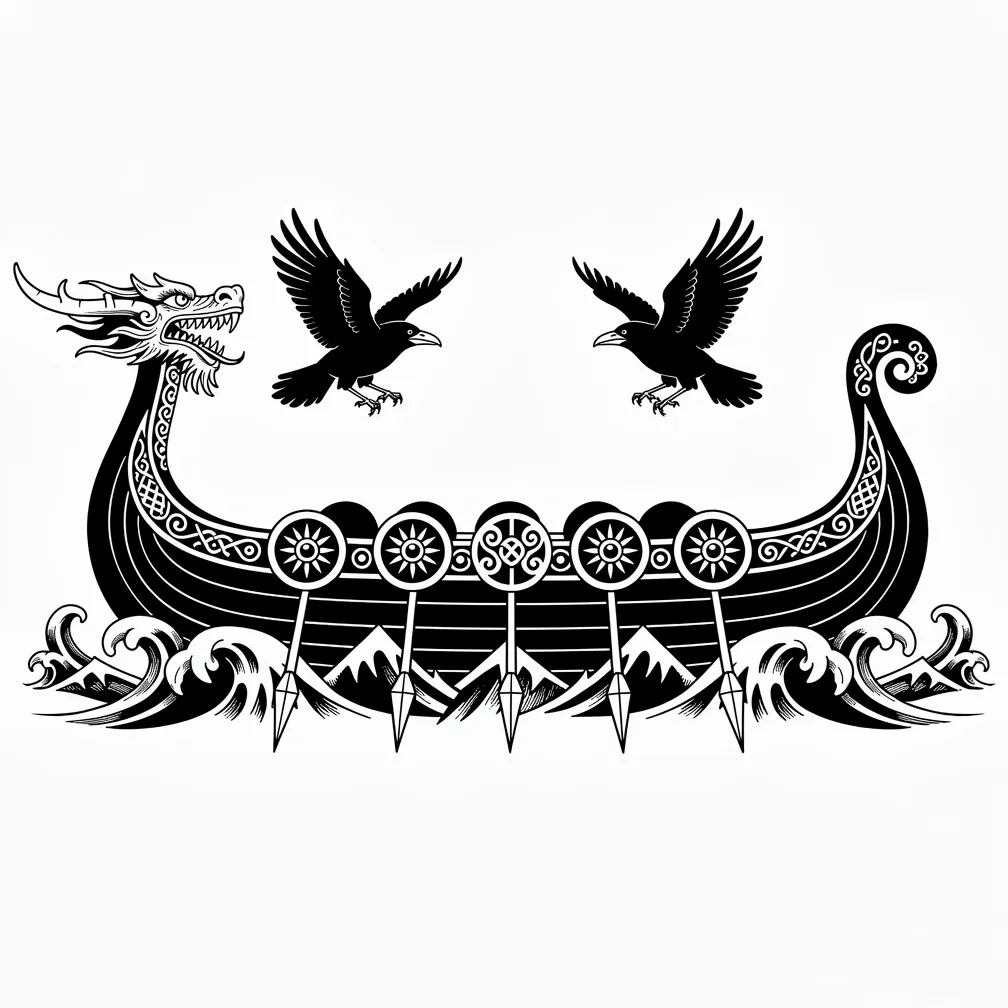 A blackwork Norse longship cuts through icy waves with Odin’s ravens Huginn and Muninn above and runic inscriptions carved along the hull.