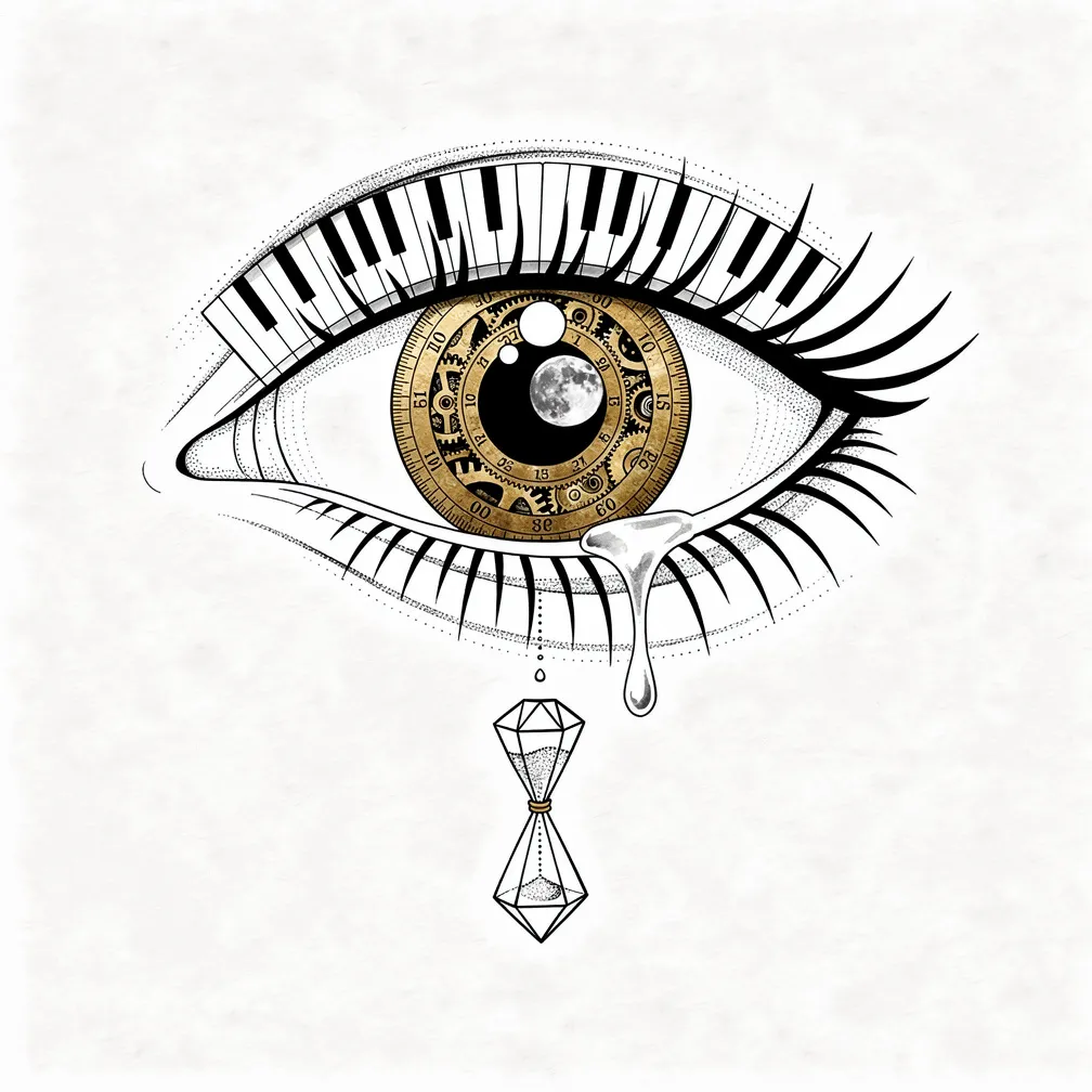 A fine-line anatomical eye with a clockwork brass iris, moon-phase pupil, piano-key lashes, and a crystal hourglass tear.