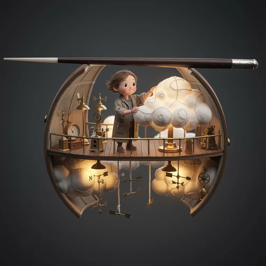 An illustrative split ebony conductor’s baton reveals a tiny lamp-lit observatory with stitched clouds and brass vanes, where a smiling cloud-keeper shapes a cumulonimbus.