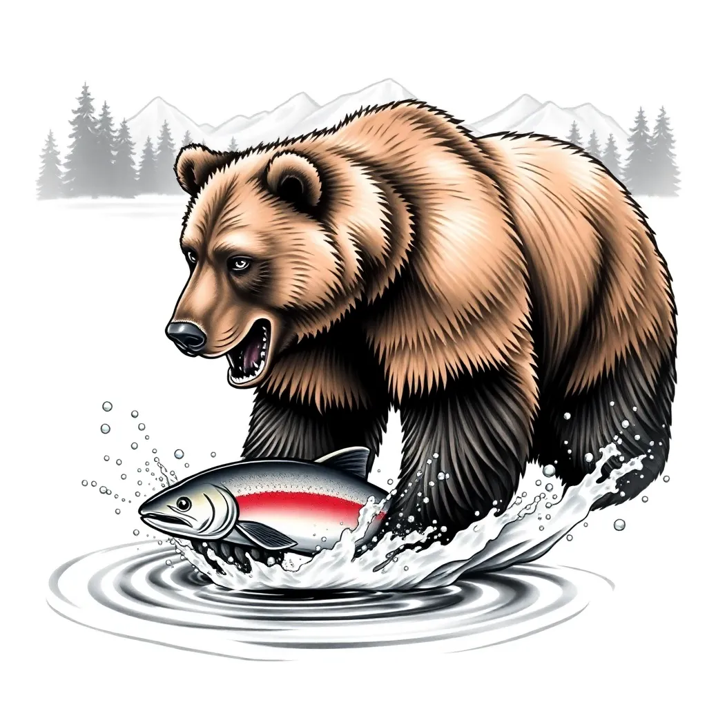 A realistic grizzly bear standing in a mountain stream, water splashing around its paws with pine forest and peaks in the background