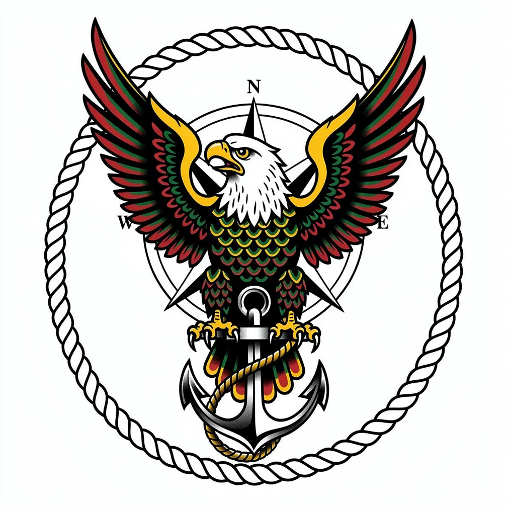A traditional-style fierce eagle with outstretched wings clutching an anchor, framed by nautical rope and compass roses.