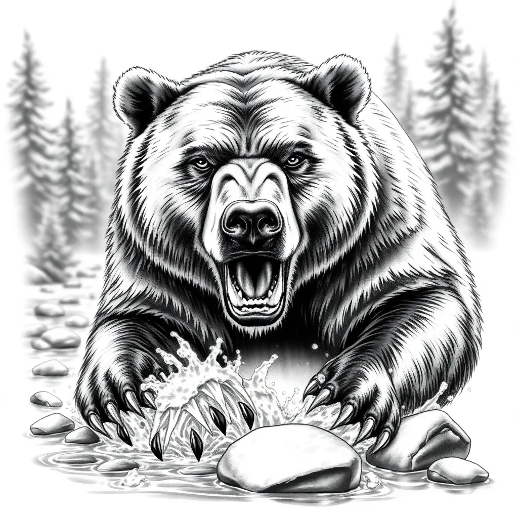 Un oso grizzly realista de pie en un arroyo de montaña, con las patas salpicando agua mientras pesca, con un bosque de pinos y picos rocosos al fondo