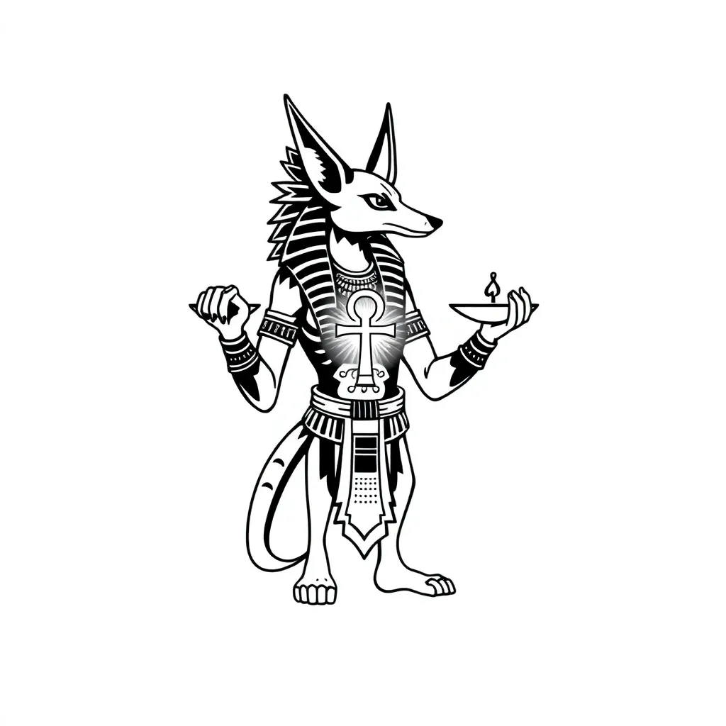 Blackwork depiction of Anubis, the Egyptian jackal god, holding scales of judgment while an ankh in his other hand emits a subtle glow