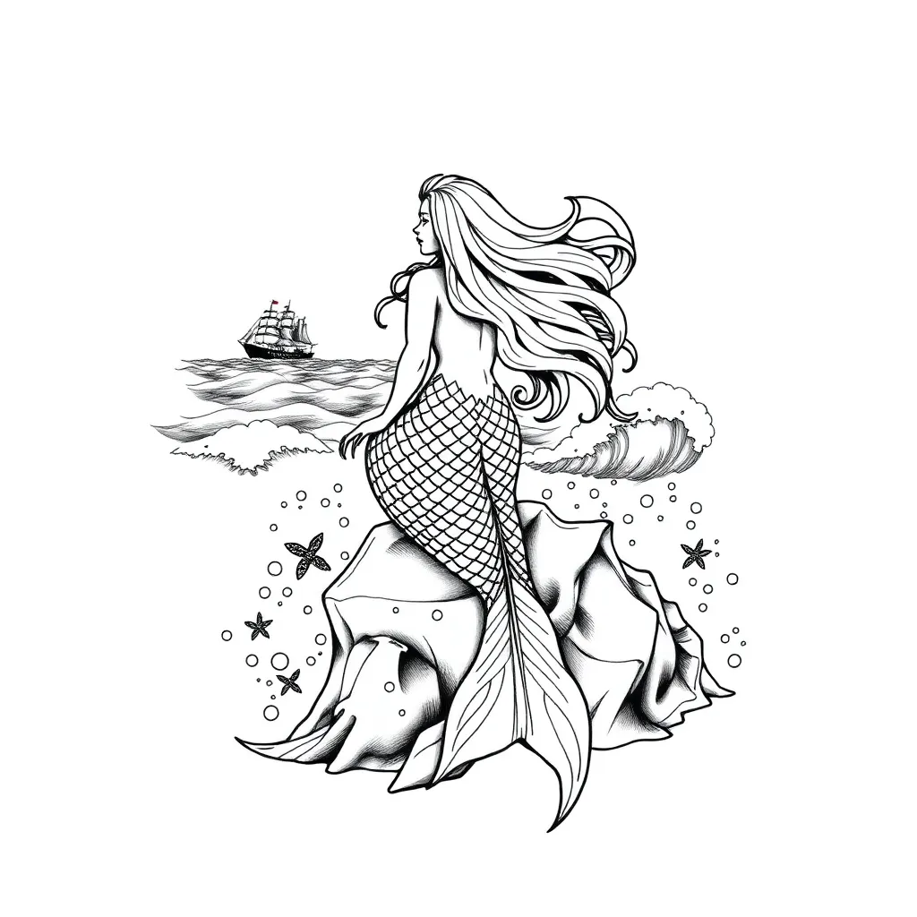 Illustrative siren perched on sea rocks, singing to passing ships as her tail dissolves into crashing ocean waves