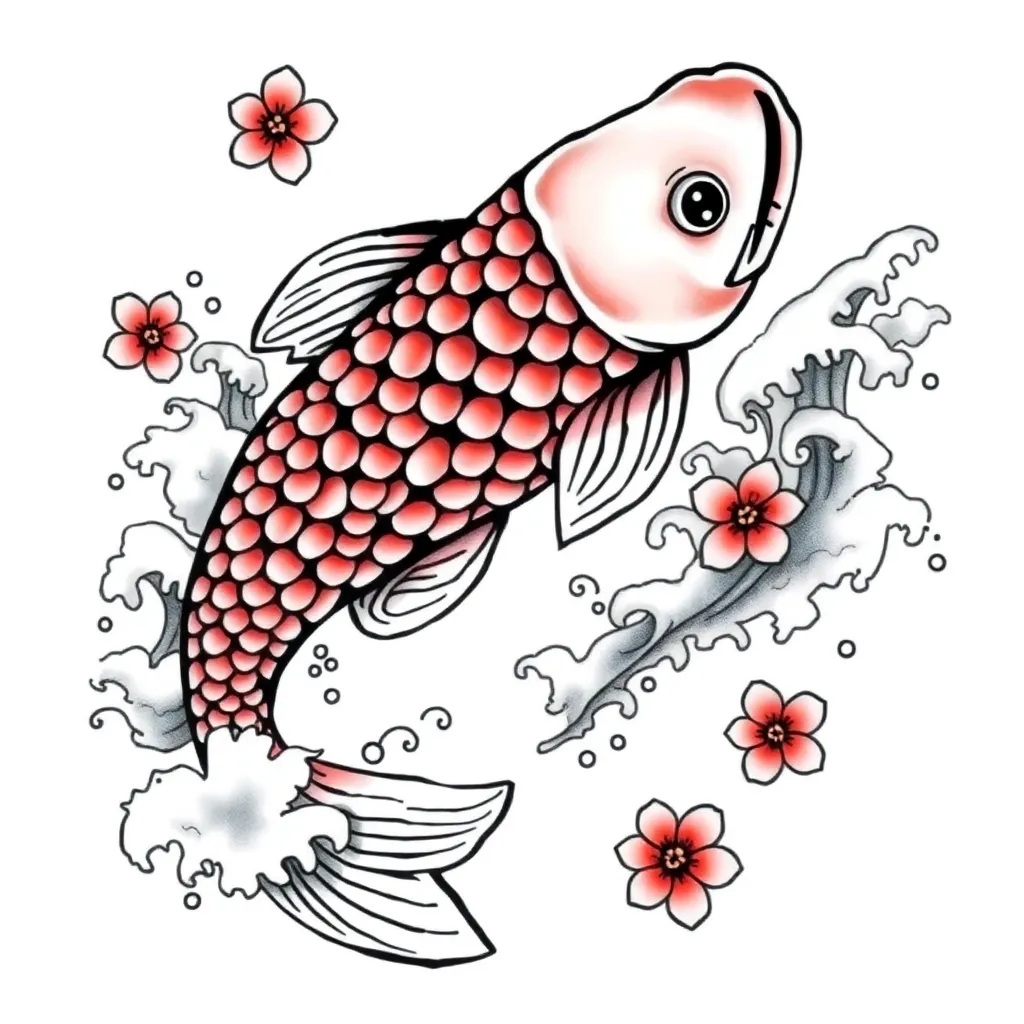 A traditional Japanese-style ornate koi swimming upstream through crashing stylized waves with drifting cherry blossom petals