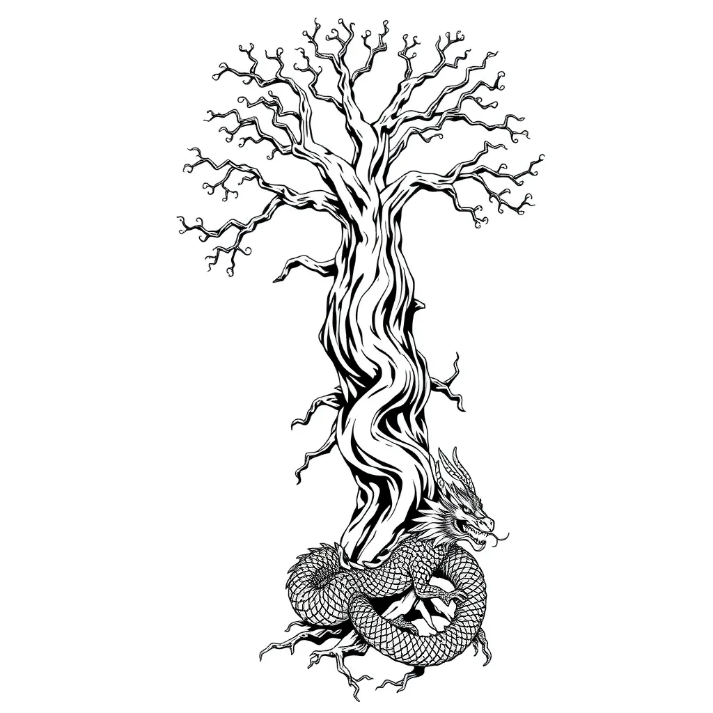 A blackwork depiction of Yggdrasil with sprawling roots reaching into three realms and a dragon coiled at the tree's base, rendered in bold black linework and shading.