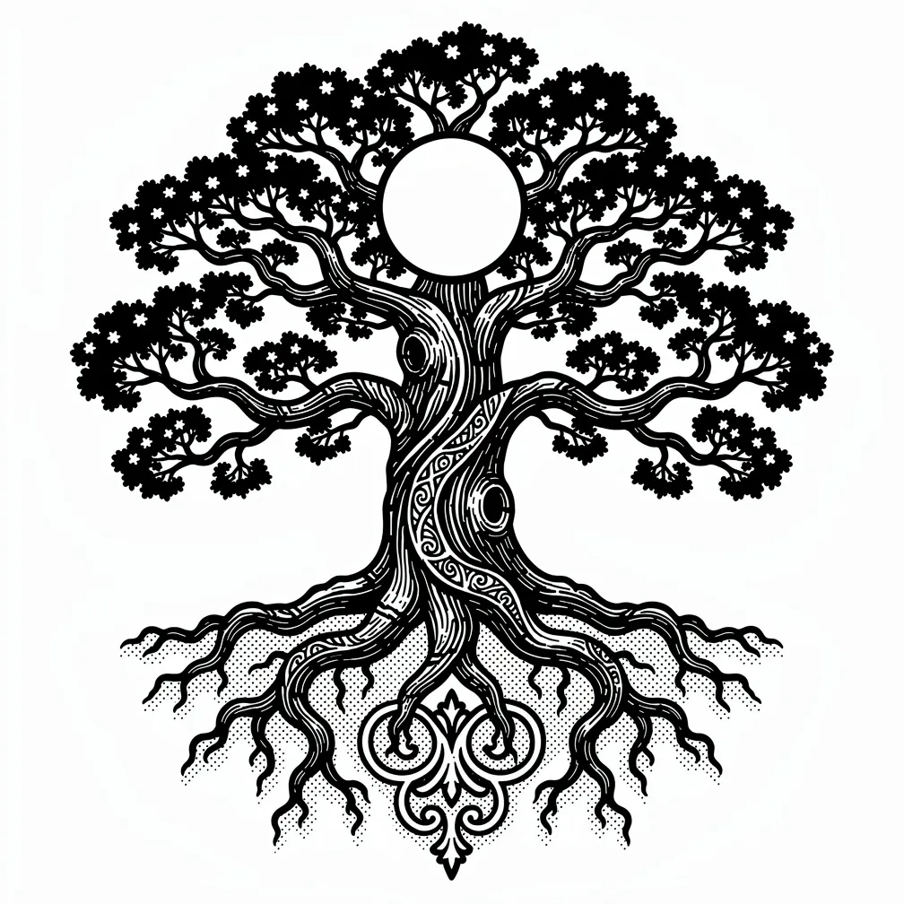 A blackwork gnarled ancient oak with exposed deep roots and a full moon glowing through its twisted branches.