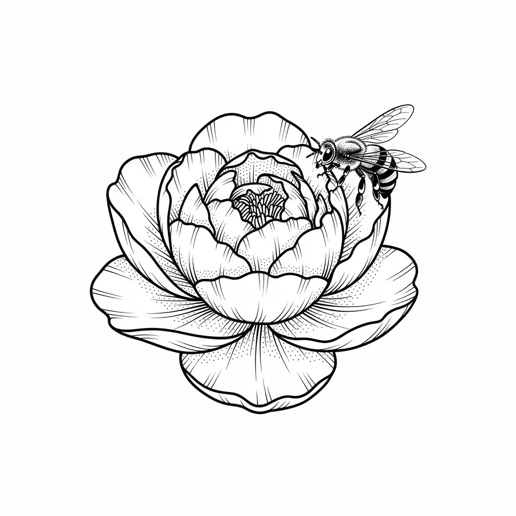 A fine-line single peony in full bloom with layered delicate petals and a small bee resting on one petal