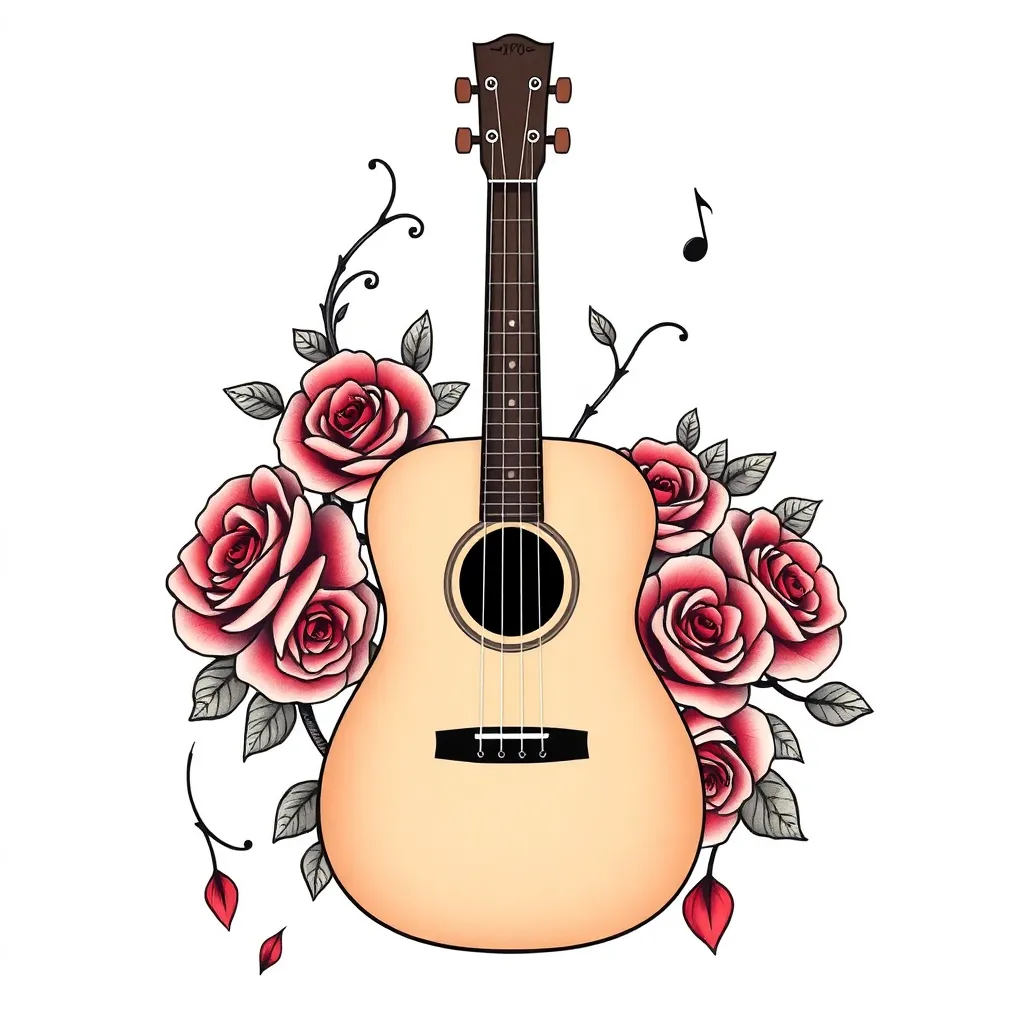 Neo-traditional acoustic guitar with roses emerging from the sound hole, vines wrapping the neck and falling petals arranged like musical notes