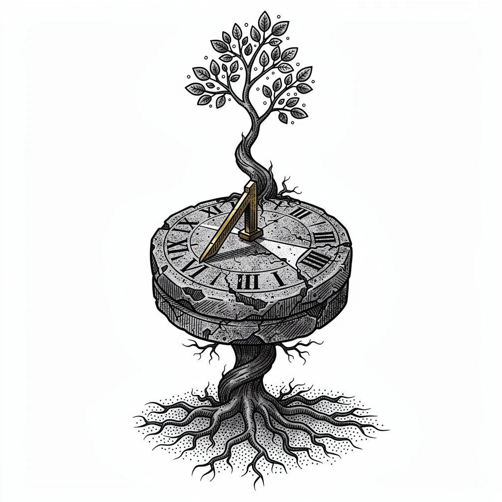 An illustrative weathered stone sundial with a brass gnomon whose shadow morphs into a living sapling, roots curling into hour marks and dew-like moons on leaves.