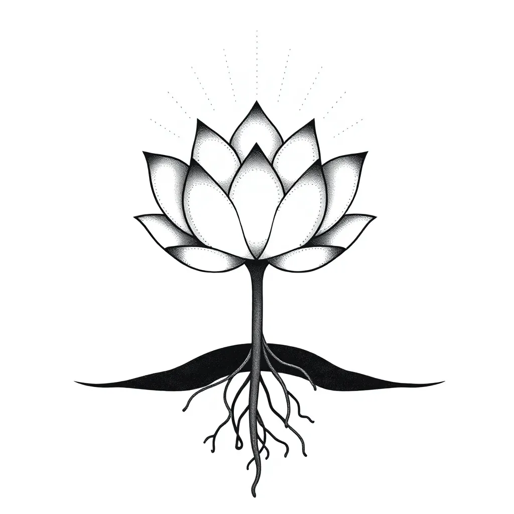 A dotwork lotus rising from dark water with visible roots below the surface and radiating enlightenment rays above