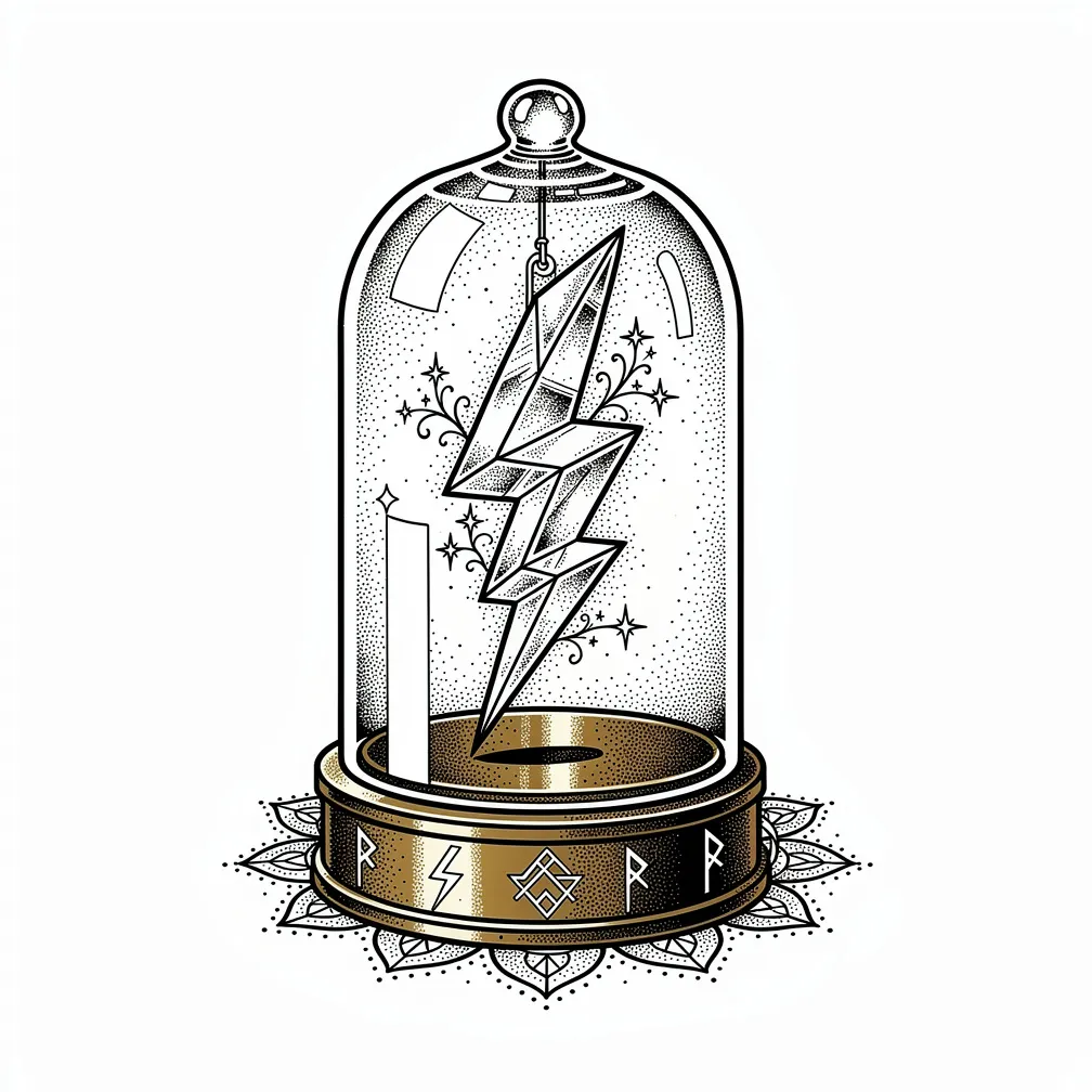 A high-contrast dotwork antique glass bell jar holds a suspended crystallized lightning bolt above an engraved brass base, with negative-space glints.