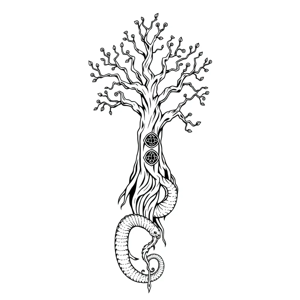 A blackwork depiction of the Norse world-tree Yggdrasil with sprawling roots reaching into three realms and a dragon coiled at the base