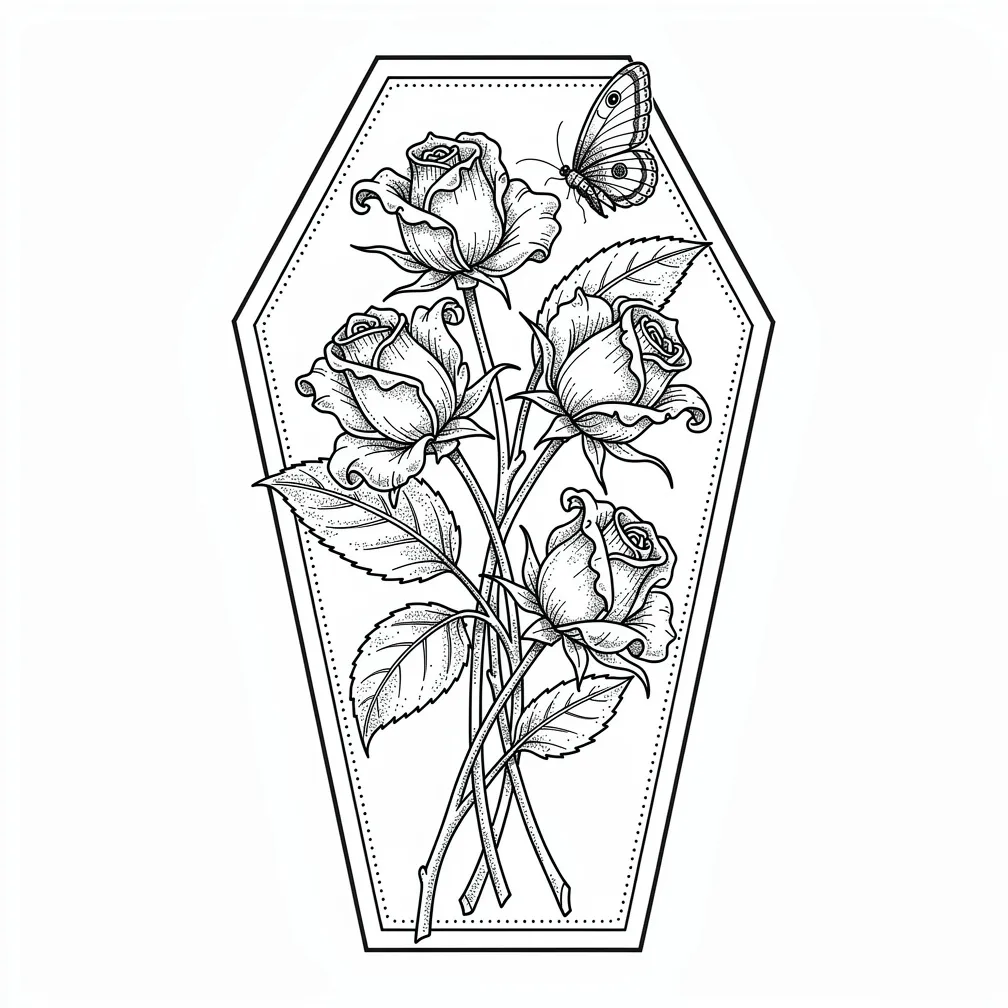 A fine-line coffin-shaped frame holding a bouquet of dead roses, with a moth resting on a wilted petal in black and grey.
