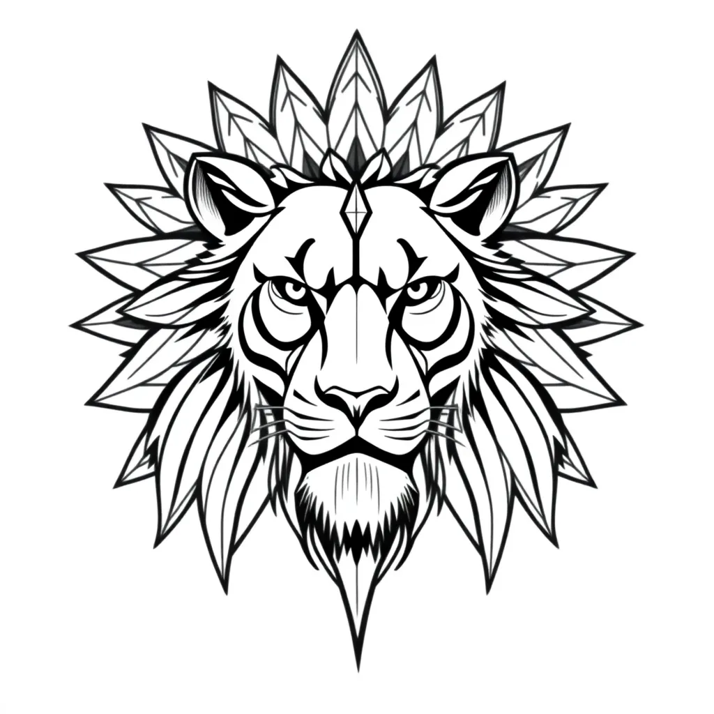 A regal lion portrait rendered in geometric linework with a flowing mane that dissolves into intricate sacred geometry patterns, in a geometric tattoo style