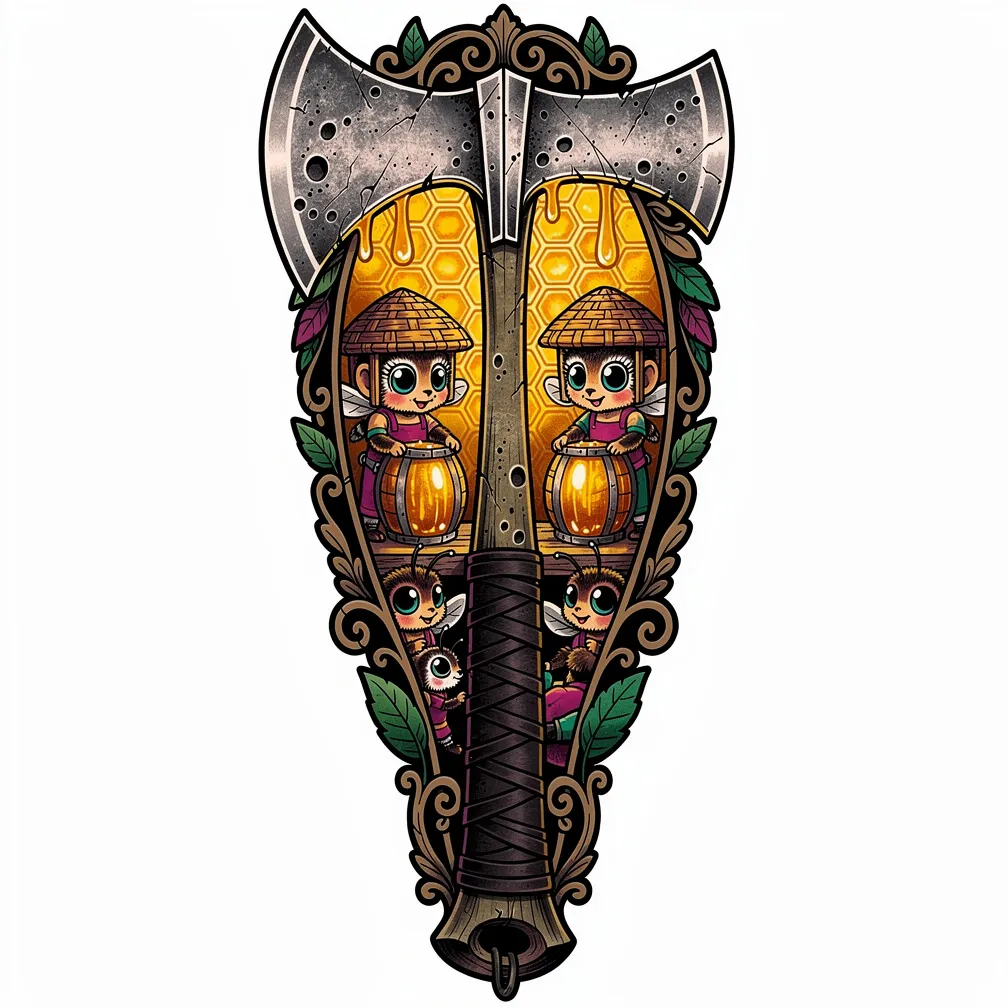 A neo-traditional weathered axe head split open to reveal a lamp-lit underground apiary with glowing honeycomb and diligent bee-tenders.