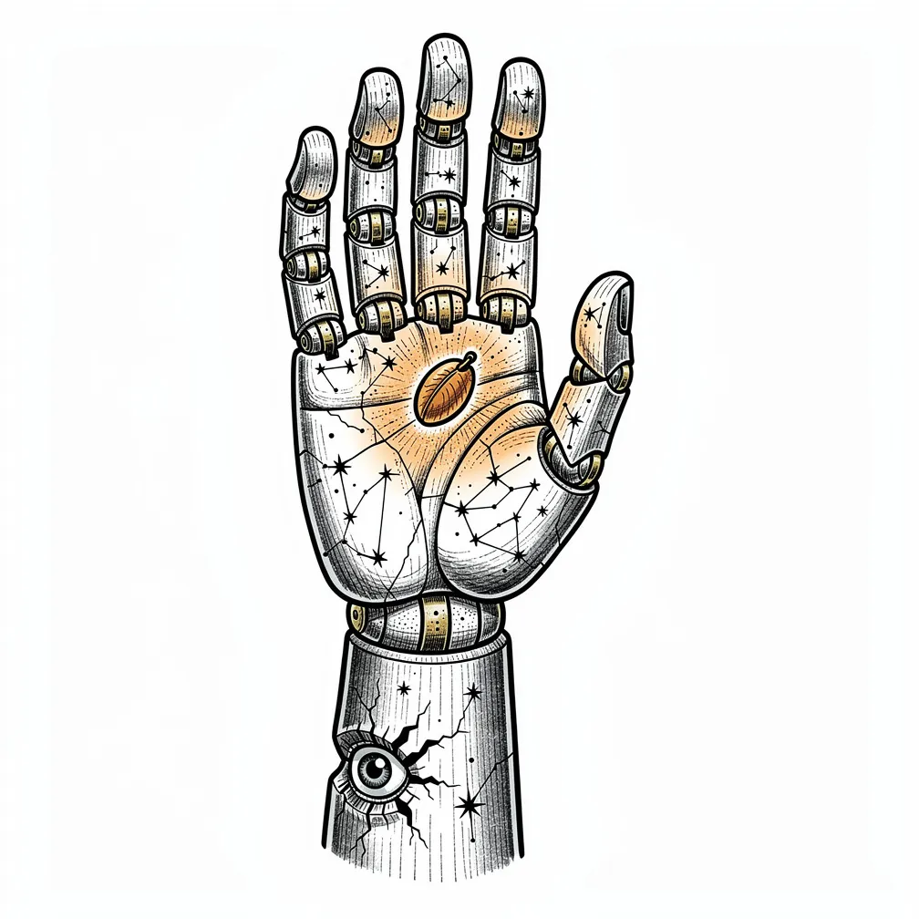An illustrative marionette hand with oak joints, brass pivots, constellation engravings, and a glowing seed between cupped fingers, with a bead eye in the thumb joint.