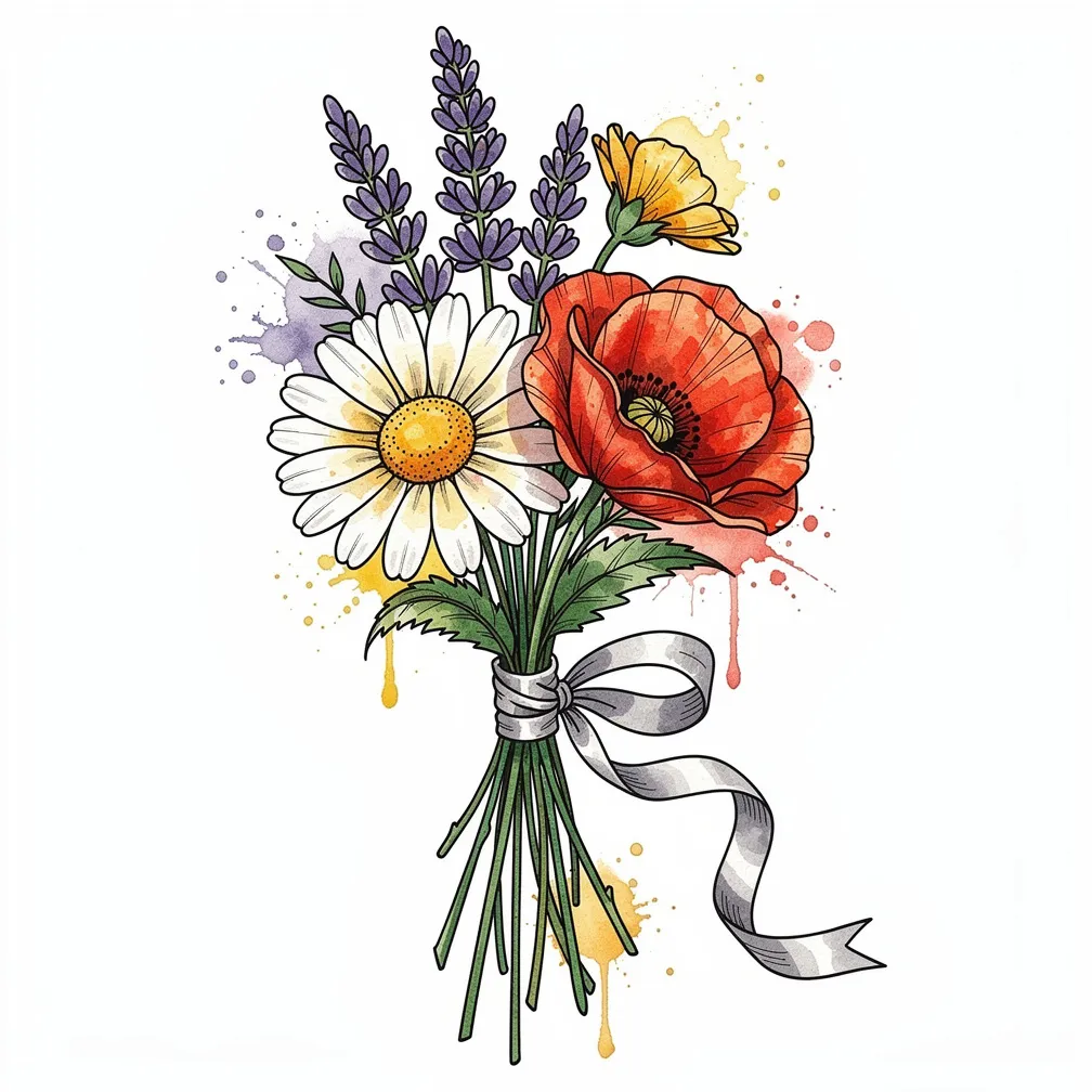 A watercolor bouquet of wildflowers—lavender, daisies, and poppies—tied with a flowing ribbon and soft paint splashes.
