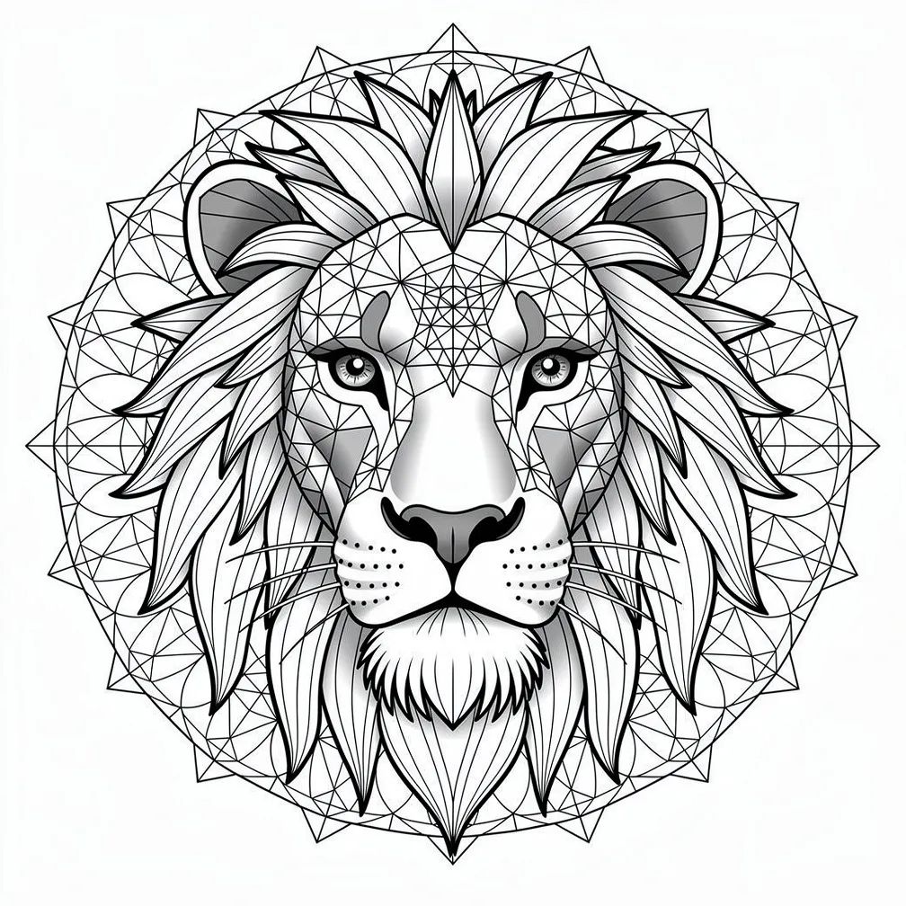 A geometric-style regal lion portrait with a flowing geometric mane dissolving into sacred geometry patterns.