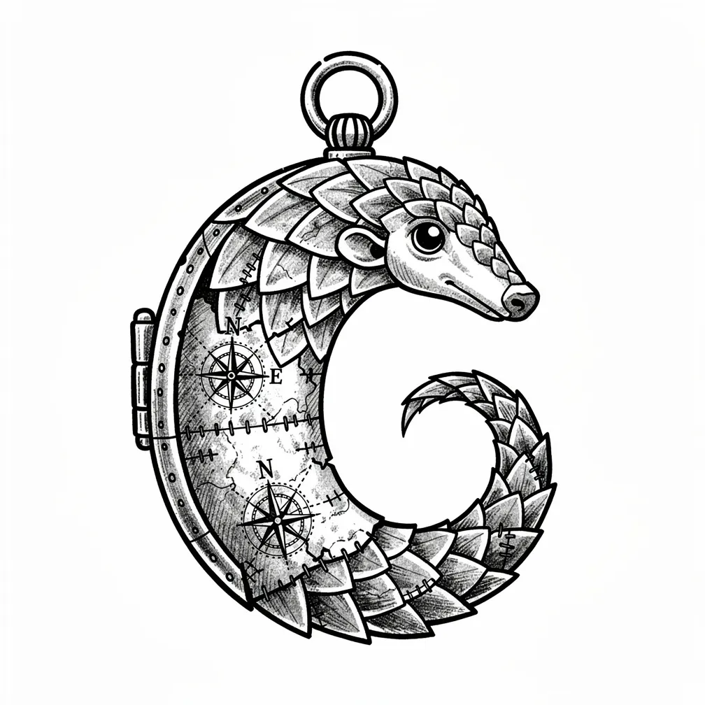 An illustrative pangolin curled into an ornate locket, its scales made of faded map fragments and stitched compass roses, with the tail forming a clasp.