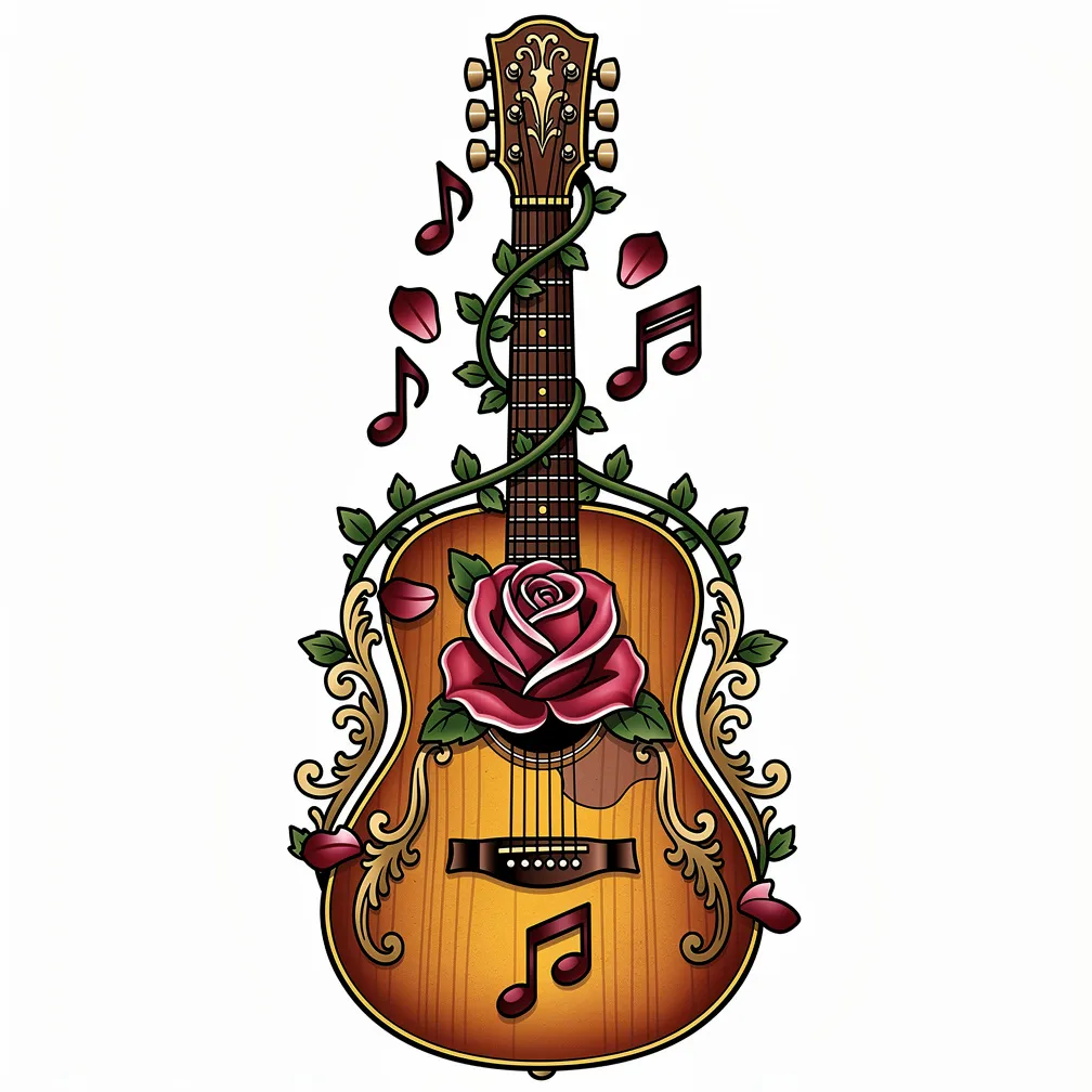 A neo-traditional acoustic guitar with roses blooming from the sound hole, vines wrapping the neck, and falling petals shaped like musical notes.